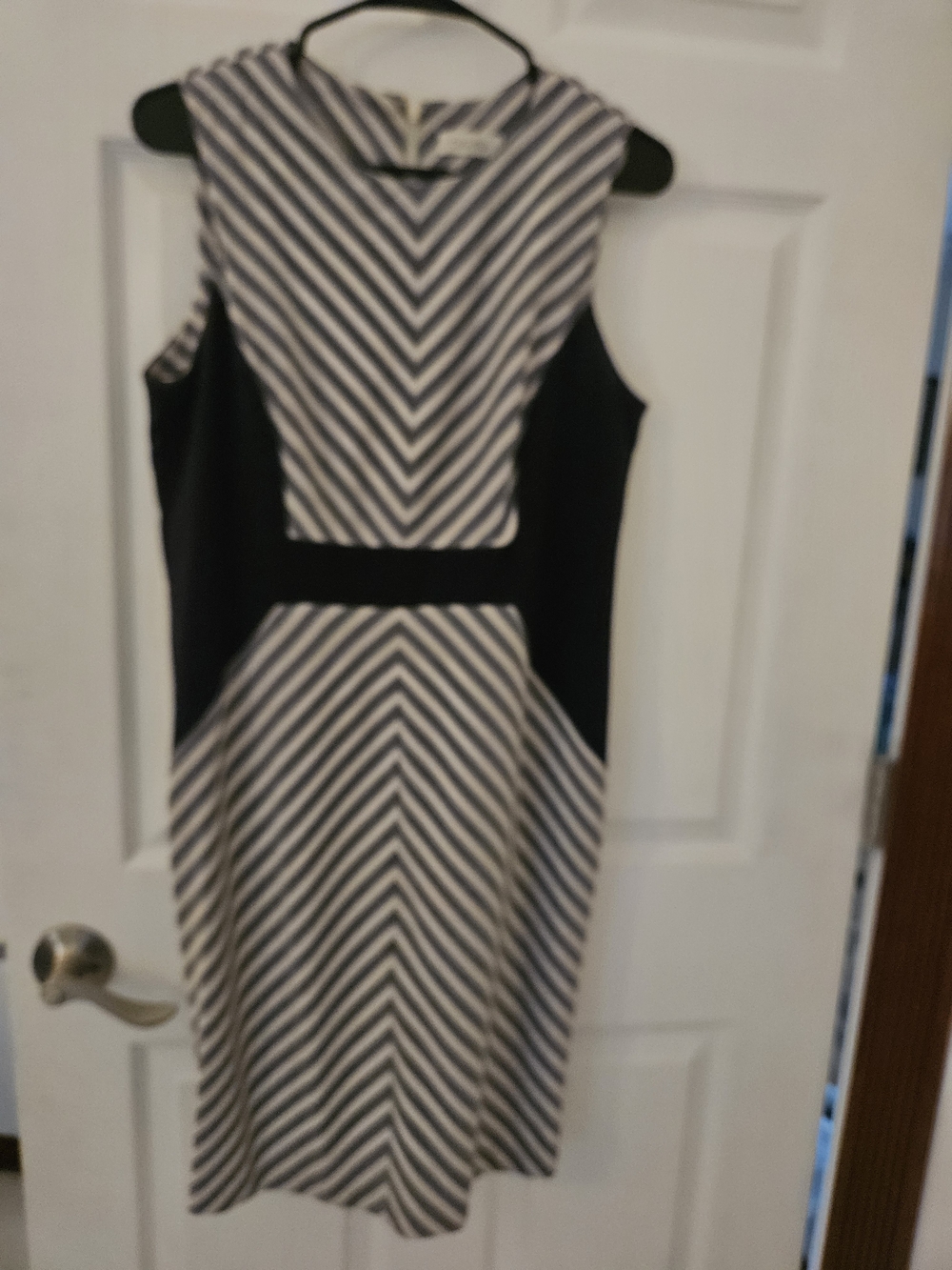 Calvin Klein Black and White Striped Sleeveless Fit-and-Flare Dress